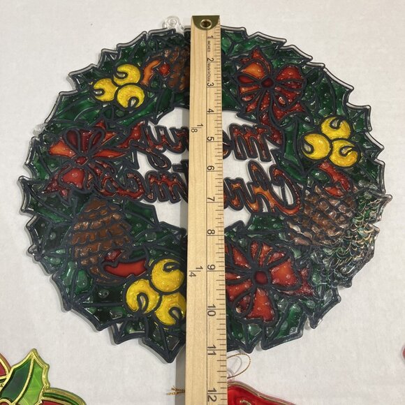 Vintage Christmas Stained Glass Plastic Window Decorations Set of 4 Wreath Bell - Picture 14 of 16